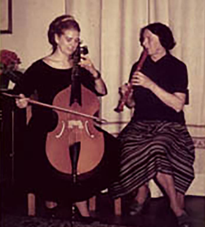 NEC alumna, Martha Maybury Wampler, playing viola da gamba with an unidentified woman playing recorder