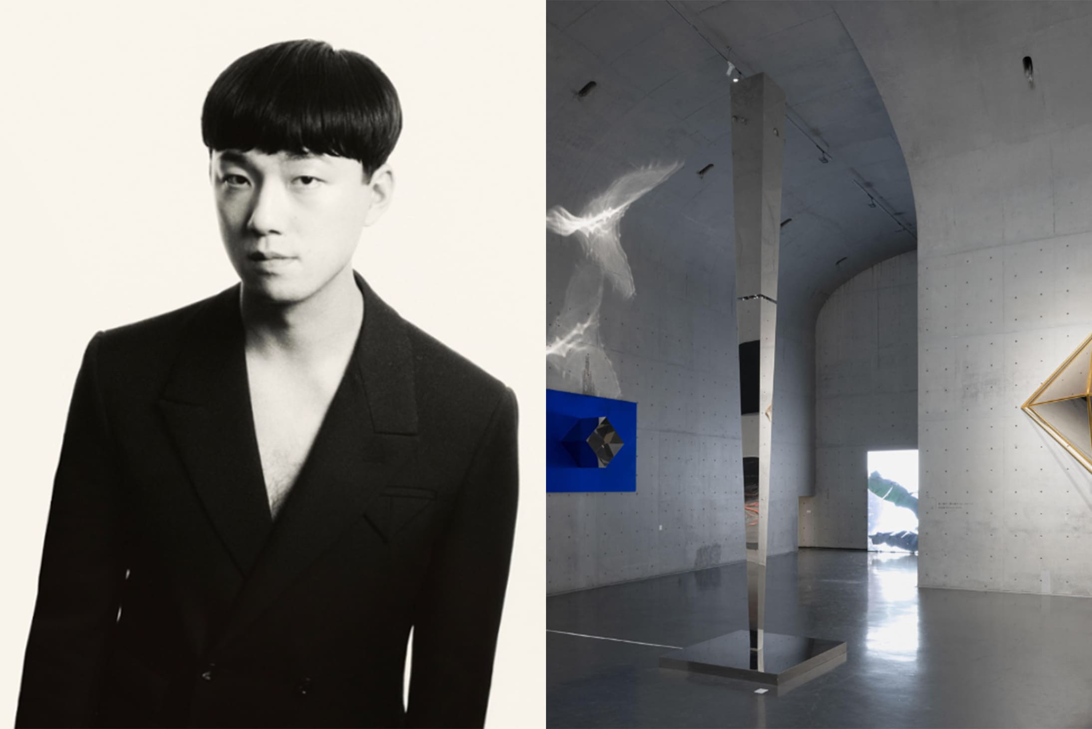 Left: Yang Bao ’15, ’17 MM; right: Yang Bao's “Infinity Tower” sound sculpture within the MADLANDS exhibit