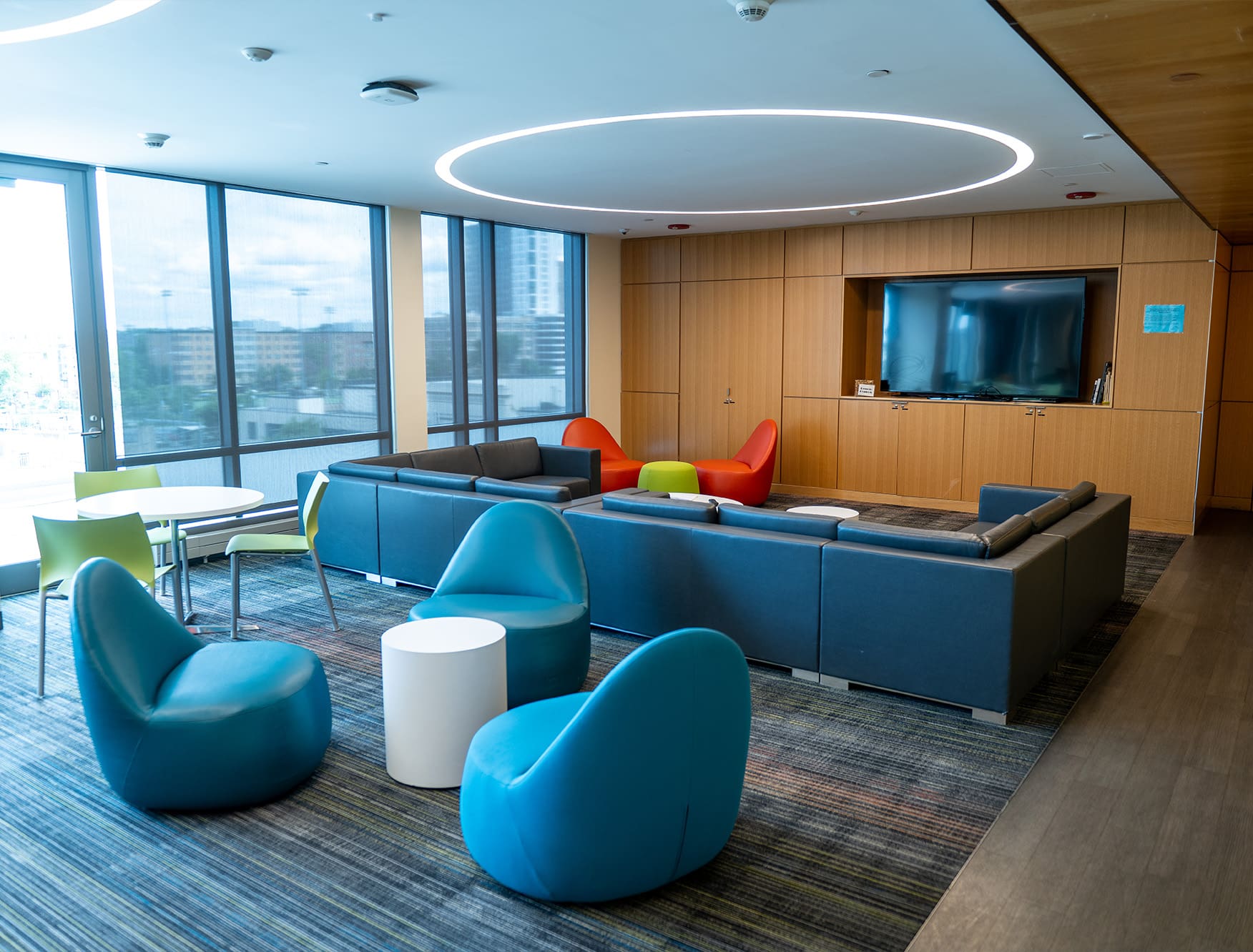 Fourth-floor lounge in NEC residence hall.