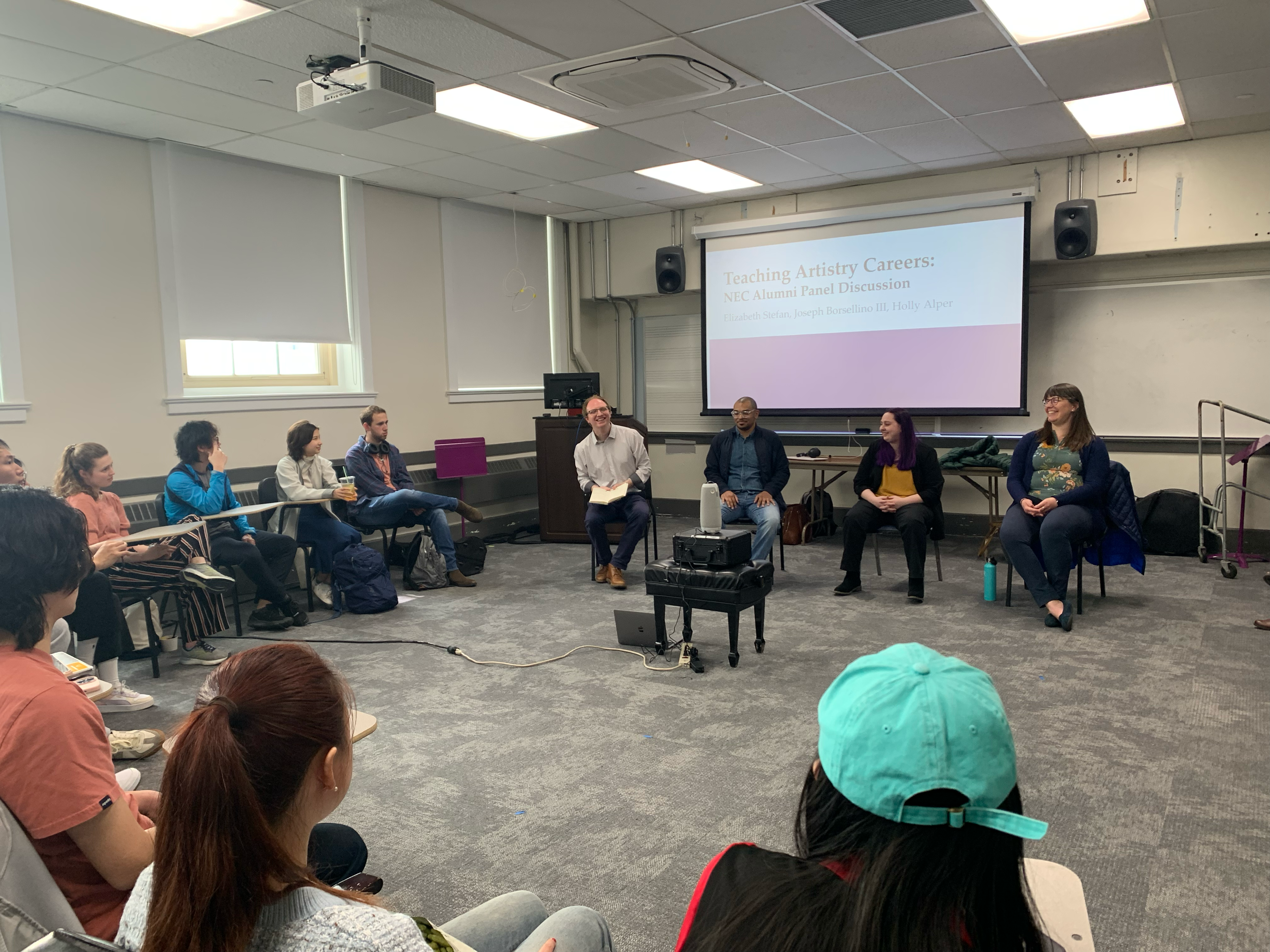 A CPP panel discussion on Teaching Artistry Careers led by Erik Elmgren and NEC alumni Elizabeth Stefan ’11 MM, Joseph Borsellino III ’22 MM, and Holly Alper ’19 MM.