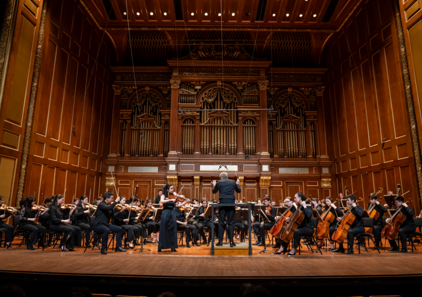 Hugh Wolff conducts the NEC Philharmonia with Concerto Competition winner Cara Pogossian '24 GD, viola. 30 January 2024, Jordan Hall. Shown: Cara Pogossian, viola soloist.