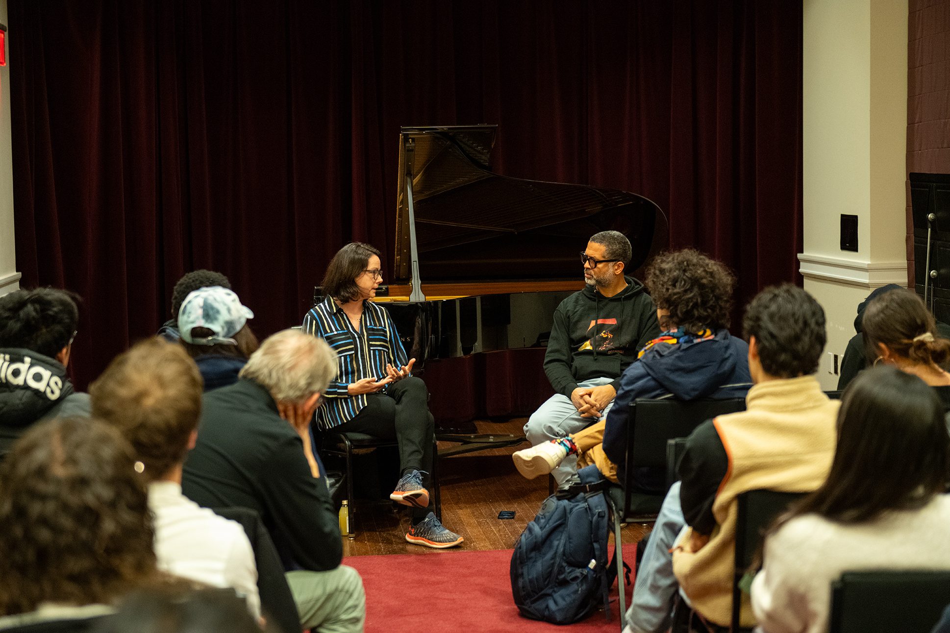 NEC Jazz Studies faculty member Jason Moran discussing how to navigate the modern music industry with acclaimed pianist Kris Davis.