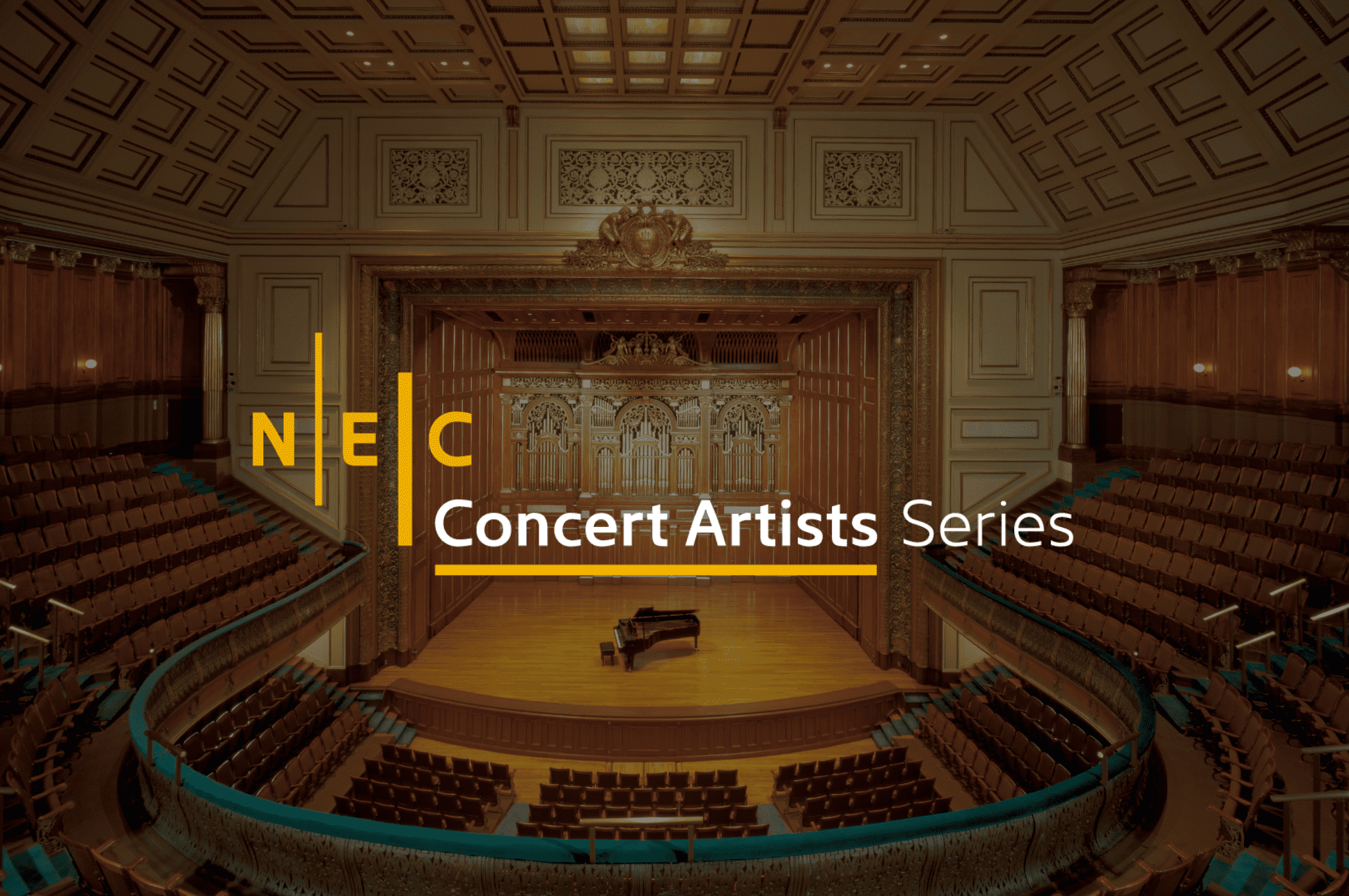 Wide shot of Jordan Hall with the NEC Concert Artists Series logo overlaid.