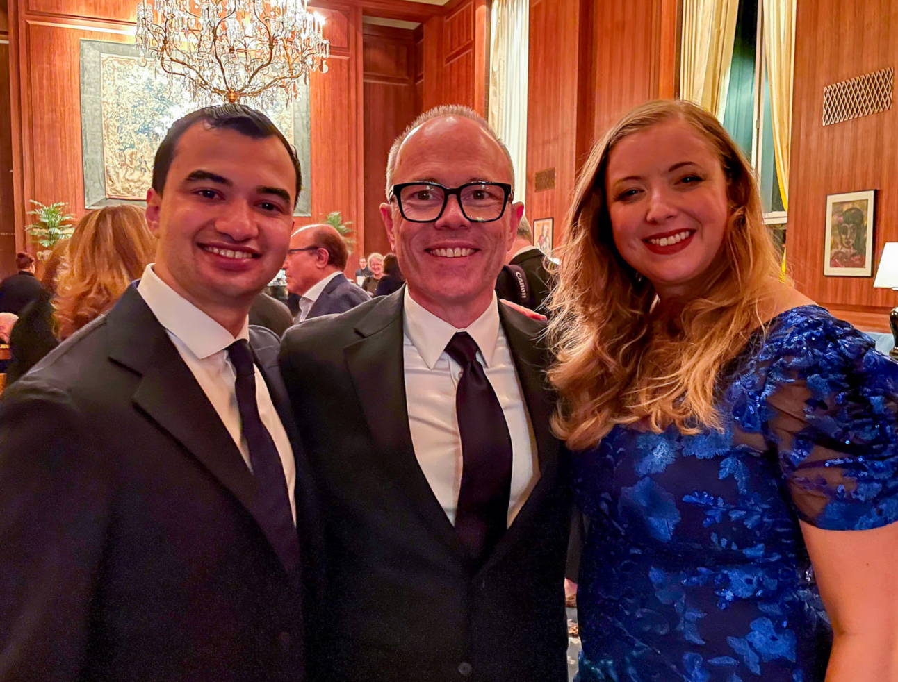 Tenor Anthony León ’21 MM, NEC Voice Department Chair Bradley Williams, and soprano Erica Petrocelli ’14, ’16 MM, ’18 AD