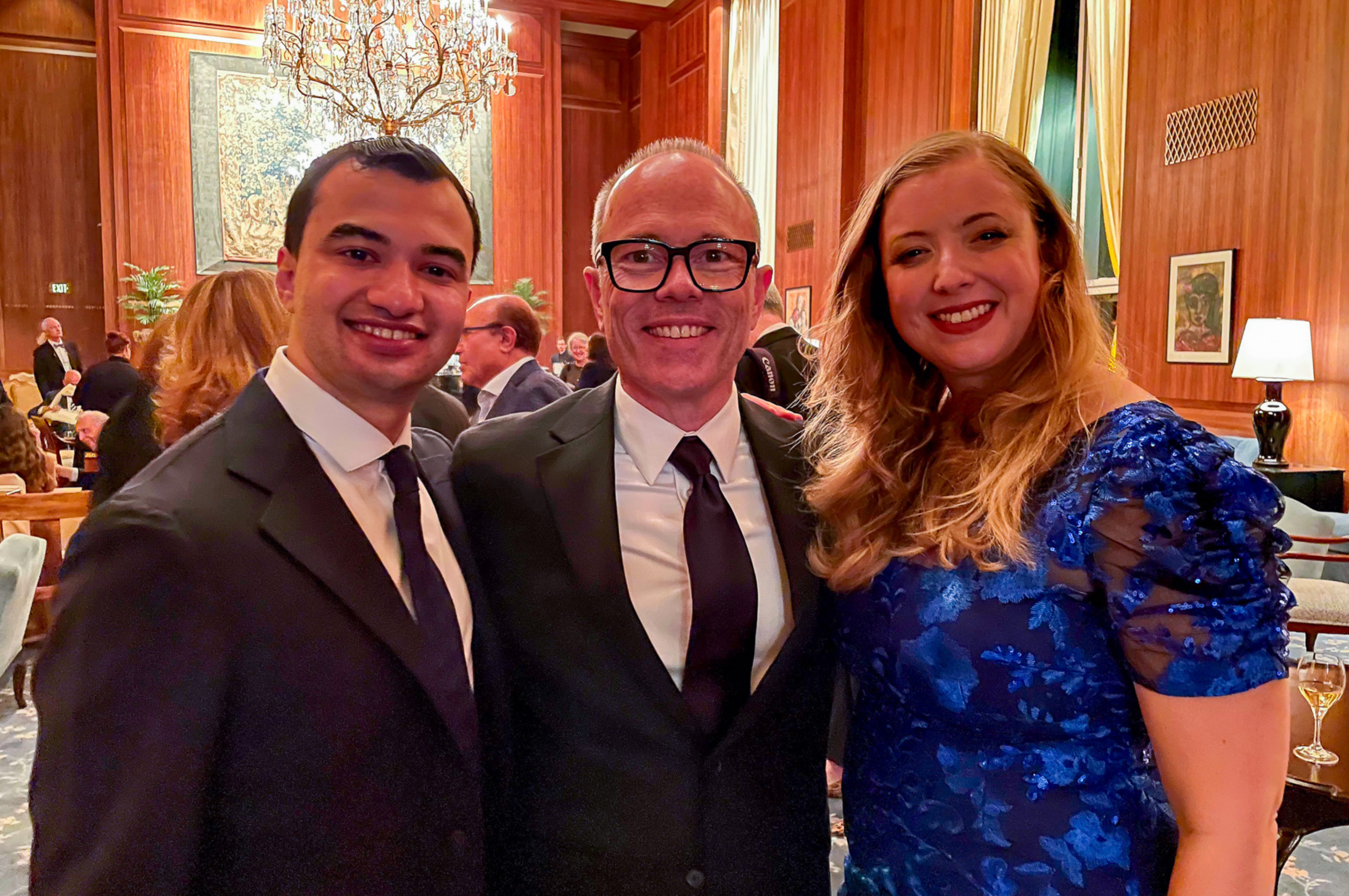 Tenor Anthony León ’21 MM, NEC Voice Department Chair Bradley Williams, and soprano Erica Petrocelli ’14, ’16 MM, ’18 AD