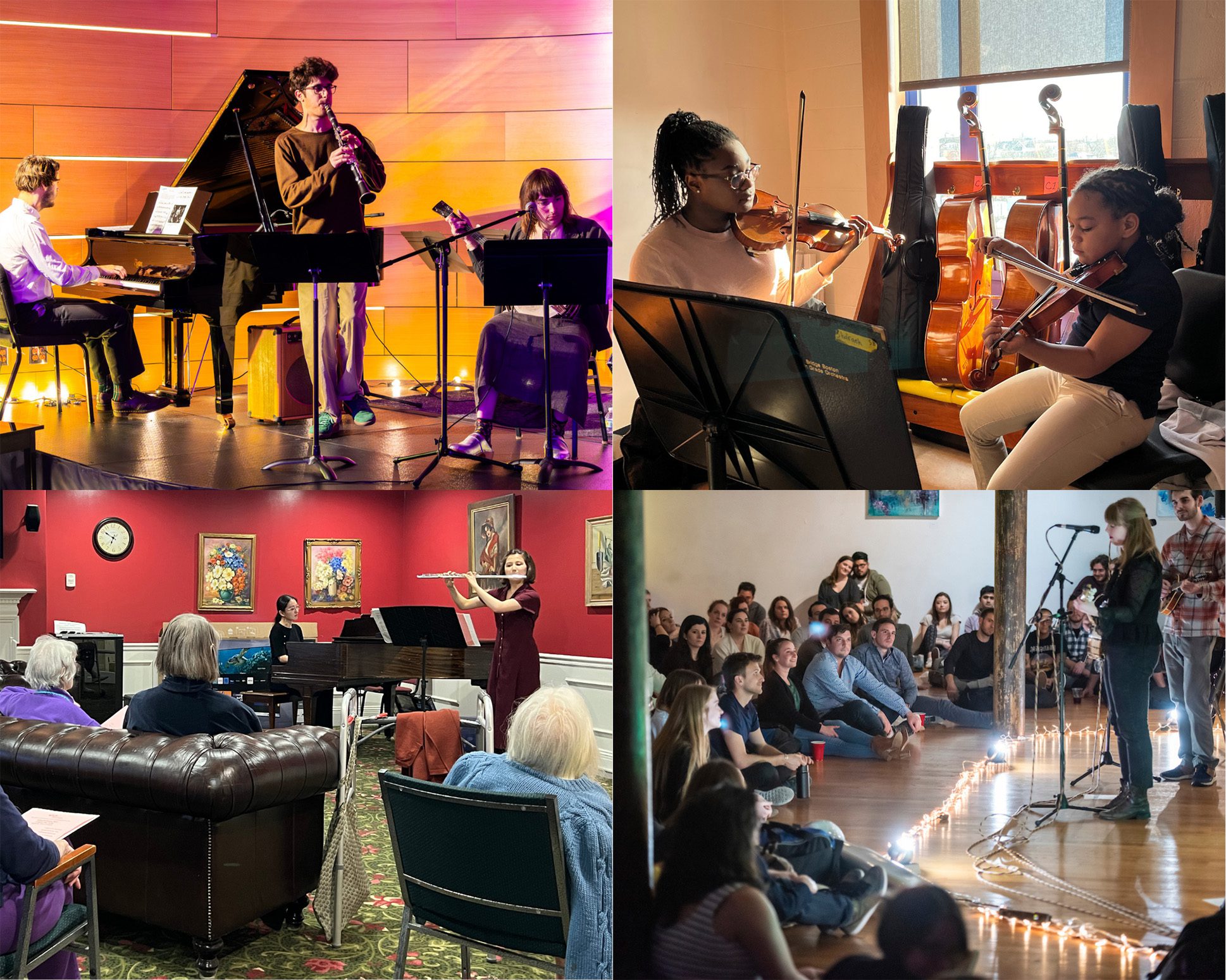 Collage of photos showing musicians performing in various settings. Collage of photos showing musicians performing in various settings.