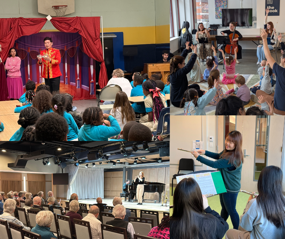 Collage of photos of musicians performing for groups of people in community spaces. Collage of photos of musicians performing for groups of people in community spaces.