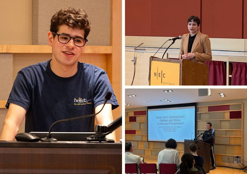 Collage of three images of students presenting to a group.