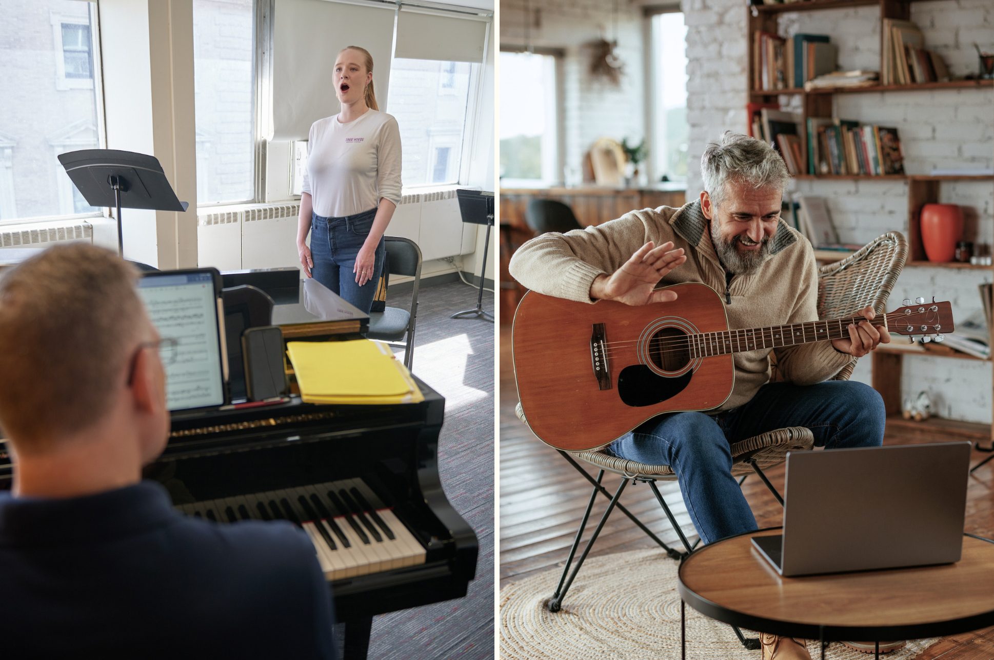 A student receiving an in-person voice lesson, and a guitarist starting an online lesson in front of a laptop.