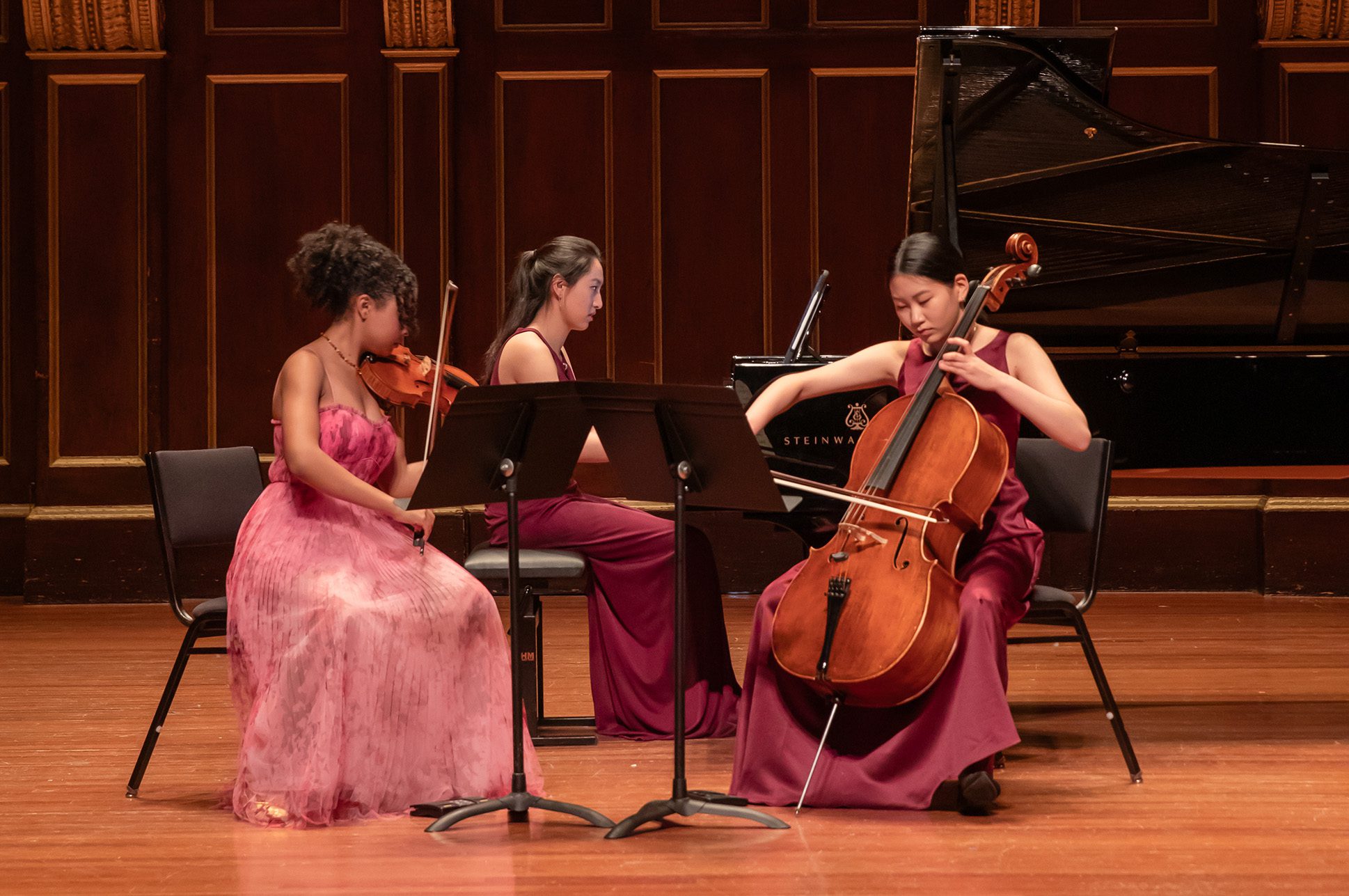 Chamber music trio performing on stage.