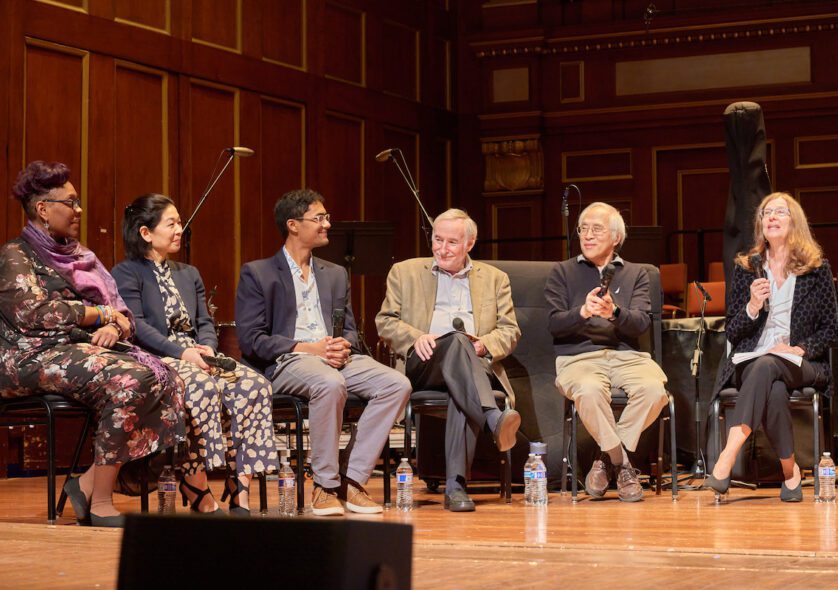  NEC Prep alumni participate in a panel discussion. From left: Mariana Green-Hill, Ayano Ninomiya, Arun Asthagiri, Peter Zazofsky, Lynn Chang, and moderator Laura Blustein.