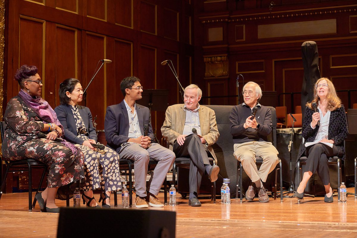  NEC Prep alumni participate in a panel discussion. From left: Mariana Green-Hill, Ayano Ninomiya, Arun Asthagiri, Peter Zazofsky, Lynn Chang, and moderator Laura Blustein.