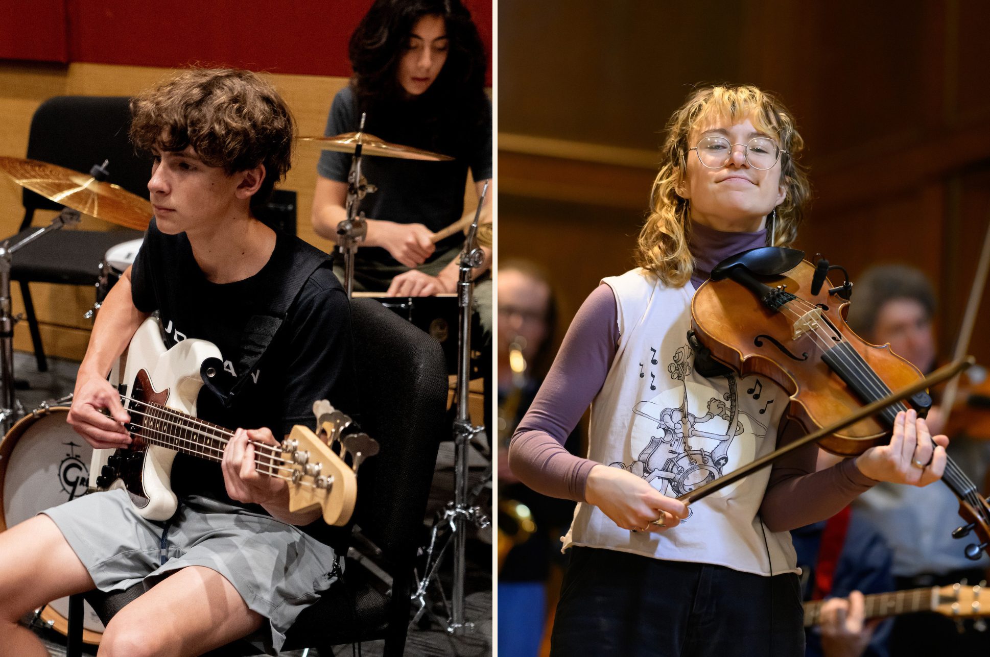 Left: Student playing guitar in an ensemble; Right: student playing fiddle on stage.