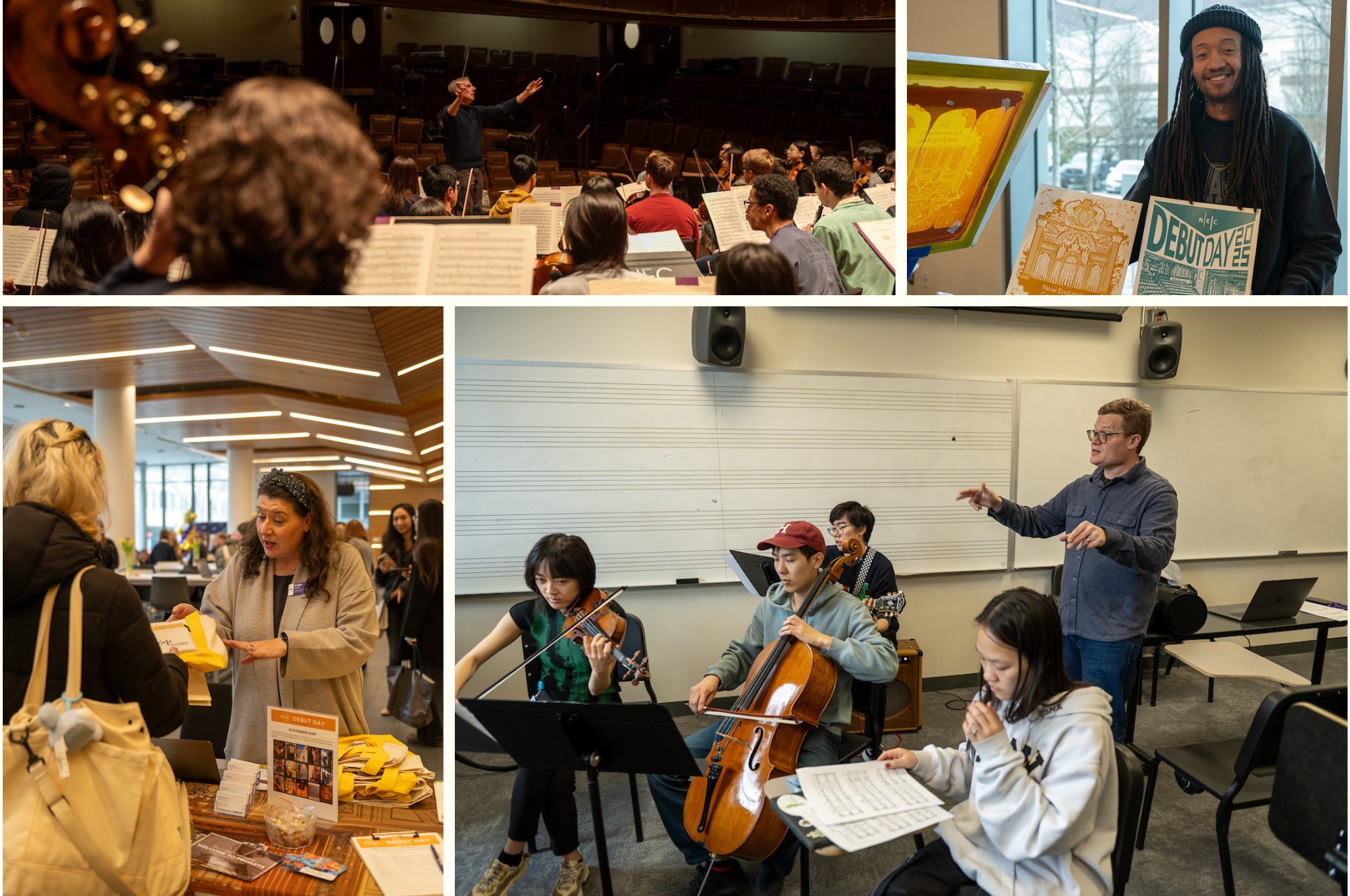 Collage of photos from the Debut Day admissions event, showing students attending rehearsals AND chatting with admissions staff.