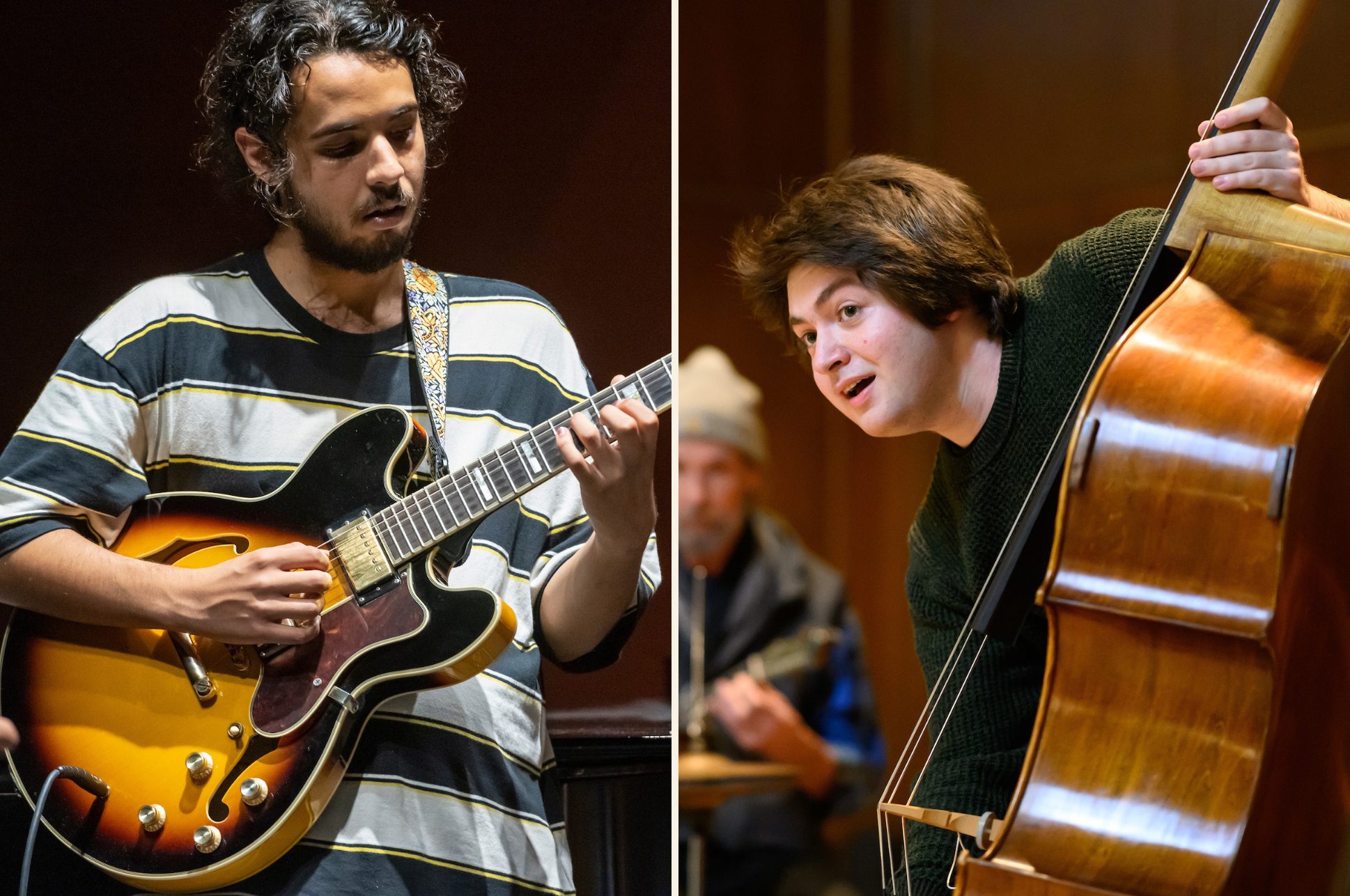 Left: student playing guitar; right: student playing bass.