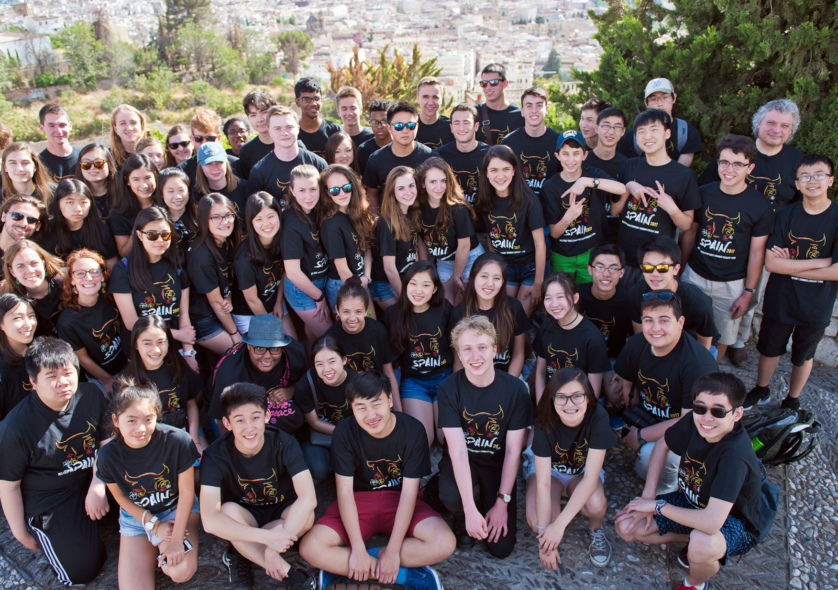 Ensemble photo of the NEC Youth Symphony Orchestra (YSO) in Granada, one stop on their tour of Spain, June 2017. Photo by Andrew Hurlbut.