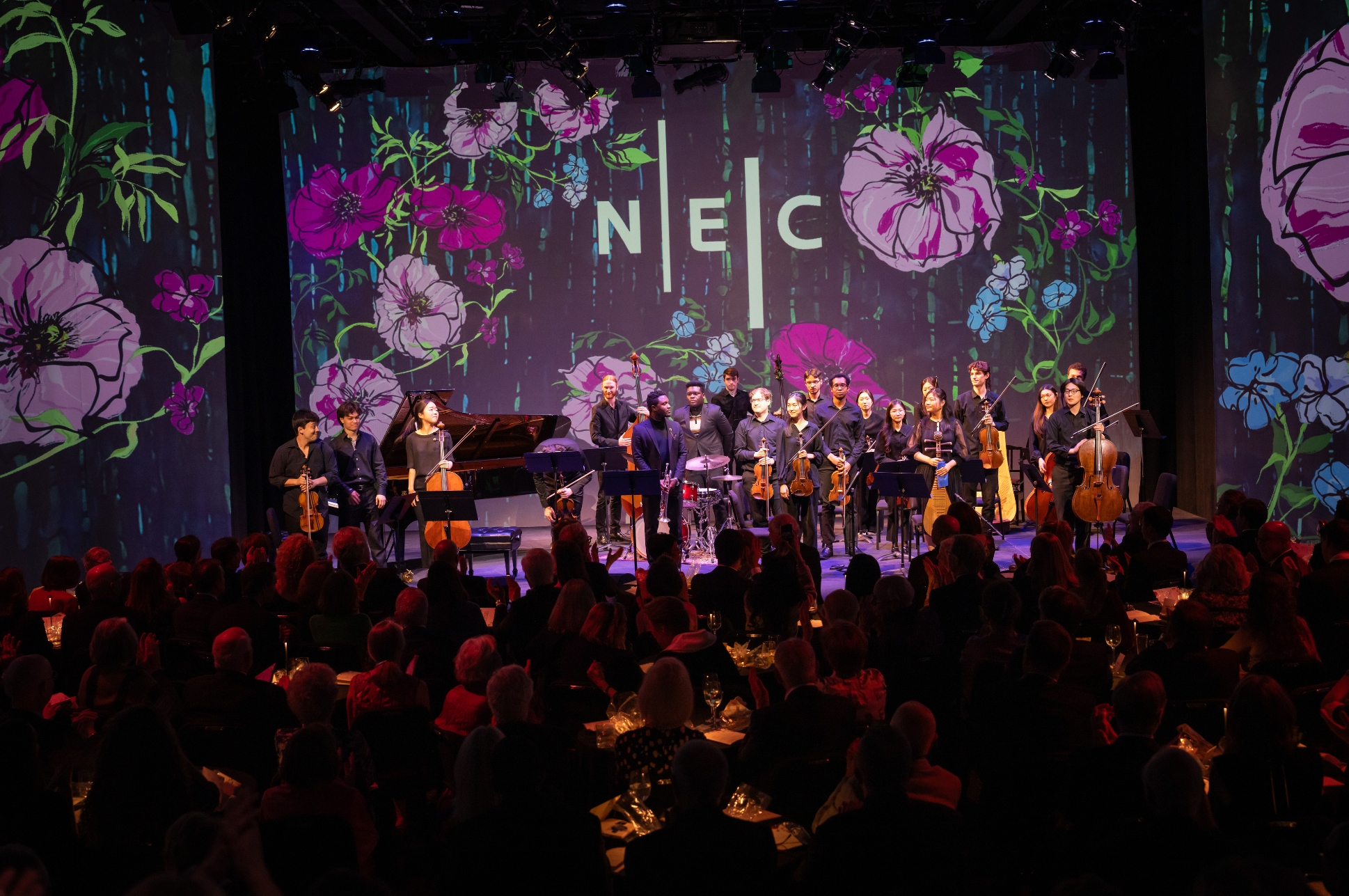Gala_Intro Group of performers on stage during the 2026 NEC Scholarship Gala concert.