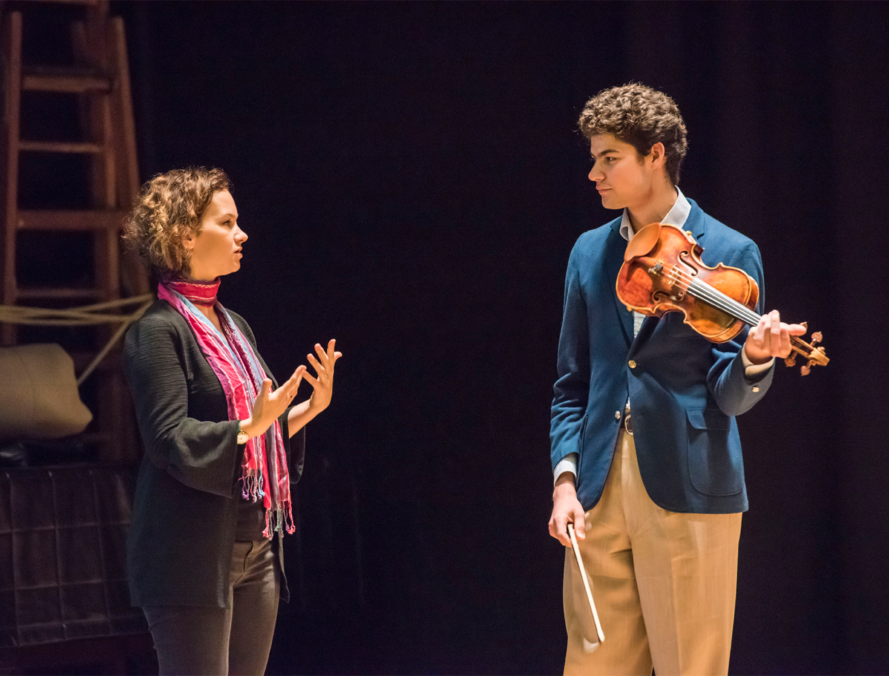 Hilary Hahn coaching a violin student during a master class.